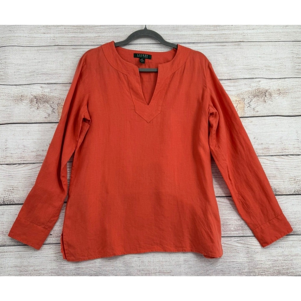 Lauren Ralph Lauren Blouse Womens Medium Orange Linen Split Neck Long Sleeve